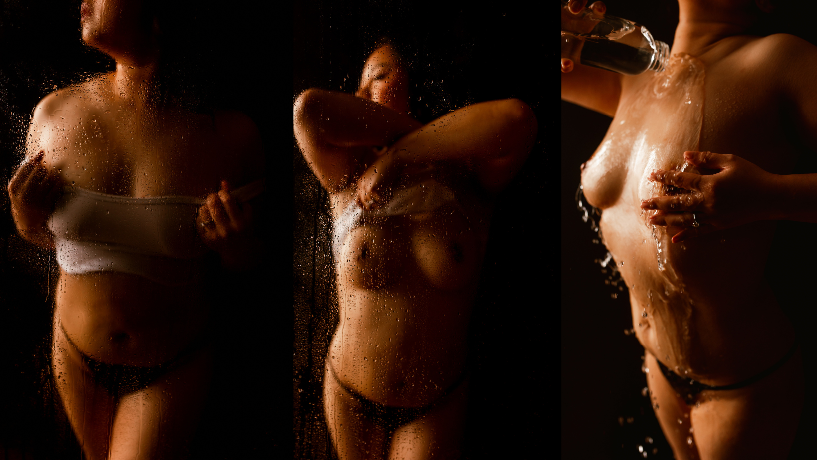 Three side-by-side water-lit torso shots against a dark background, with a hand pouring water over the body.