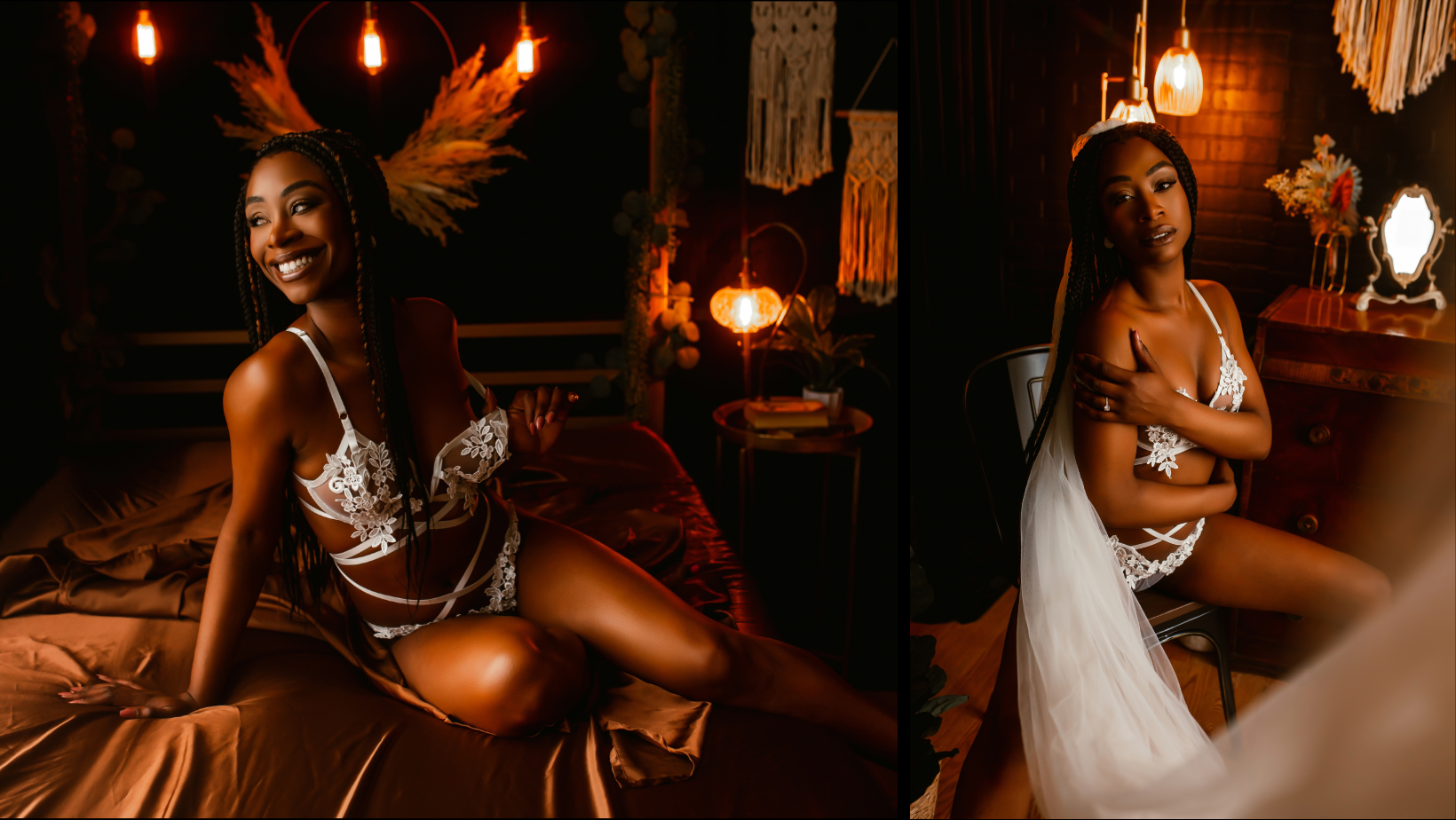 A woman in lingerie and a veil is sitting on a bed.