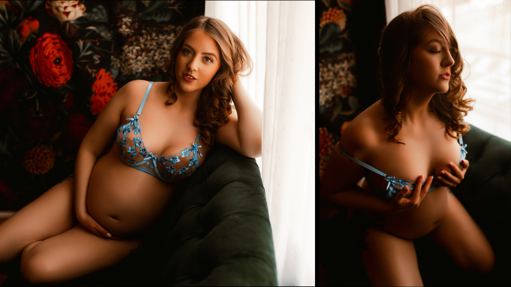 A pregnant woman in lingerie is sitting on a couch in front of a window.