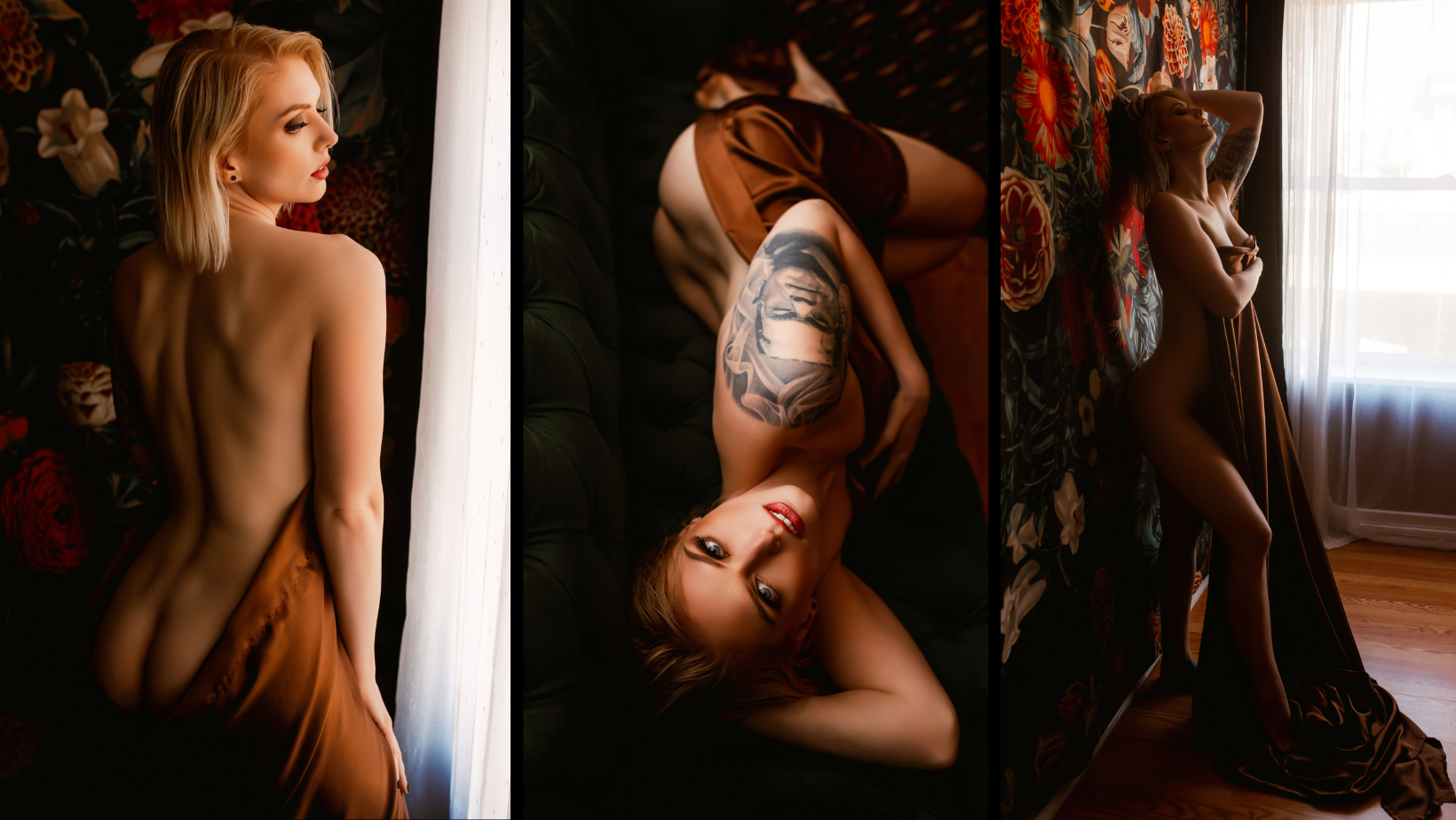 Three artistic nude portrait poses by a window, with warm light and dark draped fabric