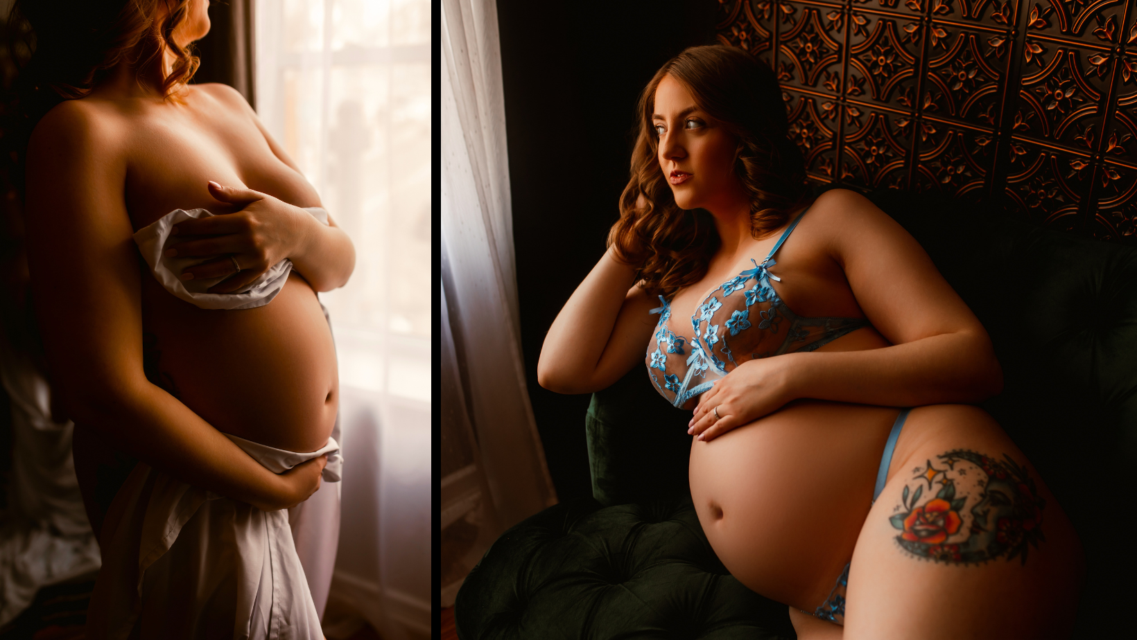 A pregnant woman is standing in front of a window and sitting in a chair.