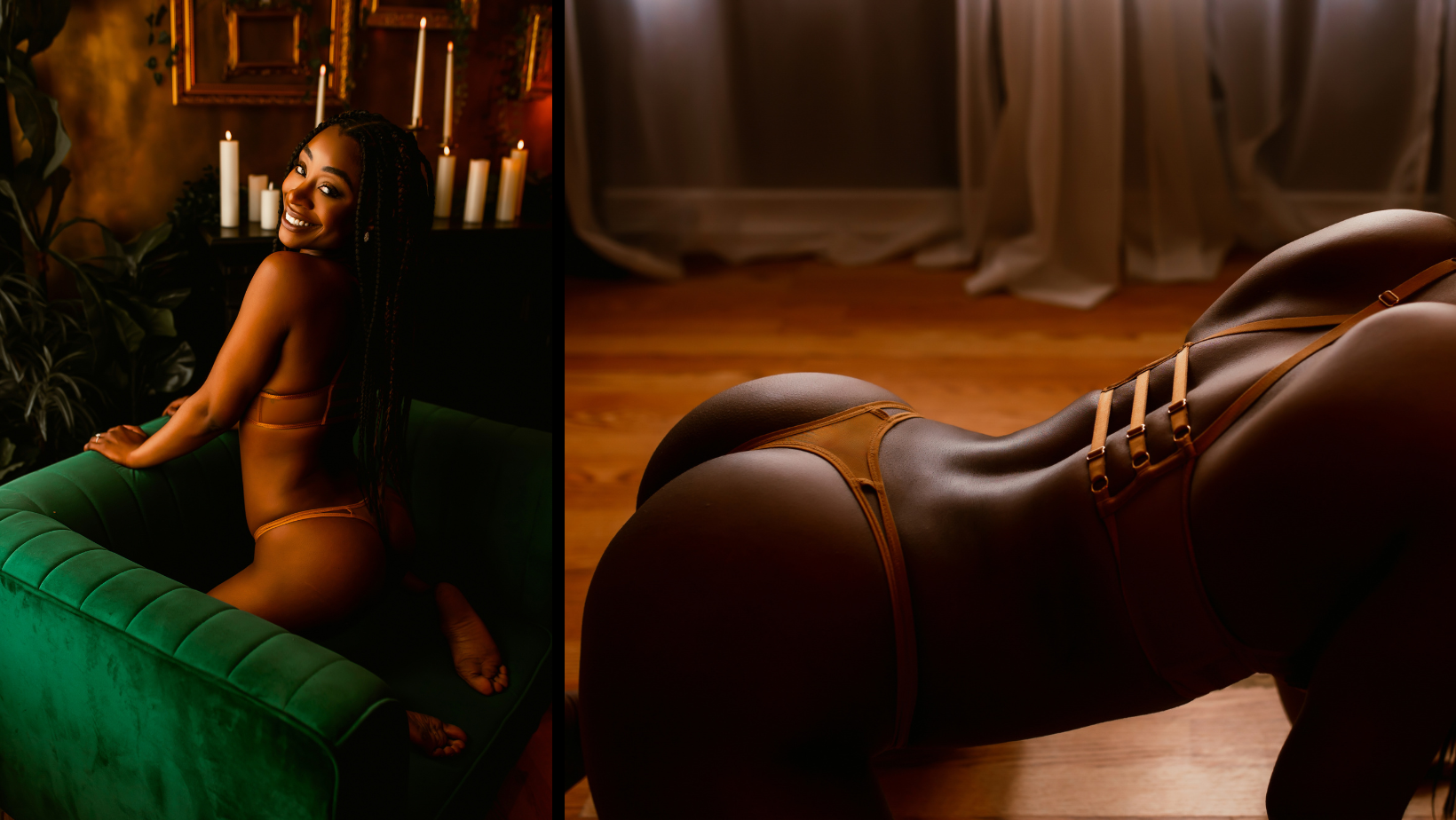 Portrait and close-up of a person in brown lingerie on a green sofa in warm, low light
