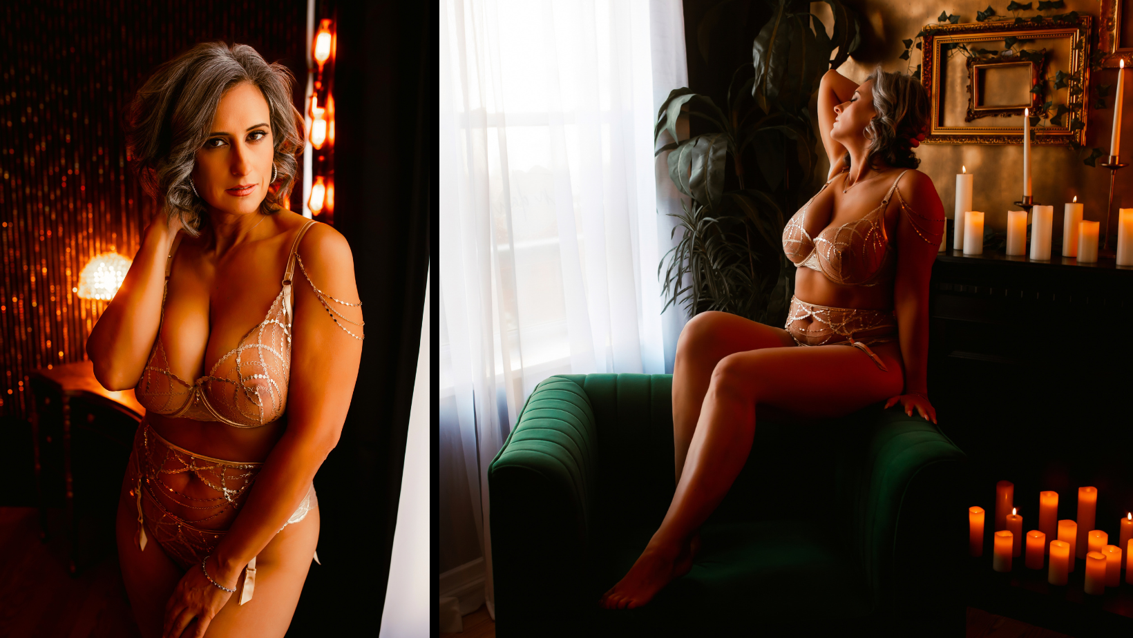 A woman in lingerie is sitting on a green couch next to a window.