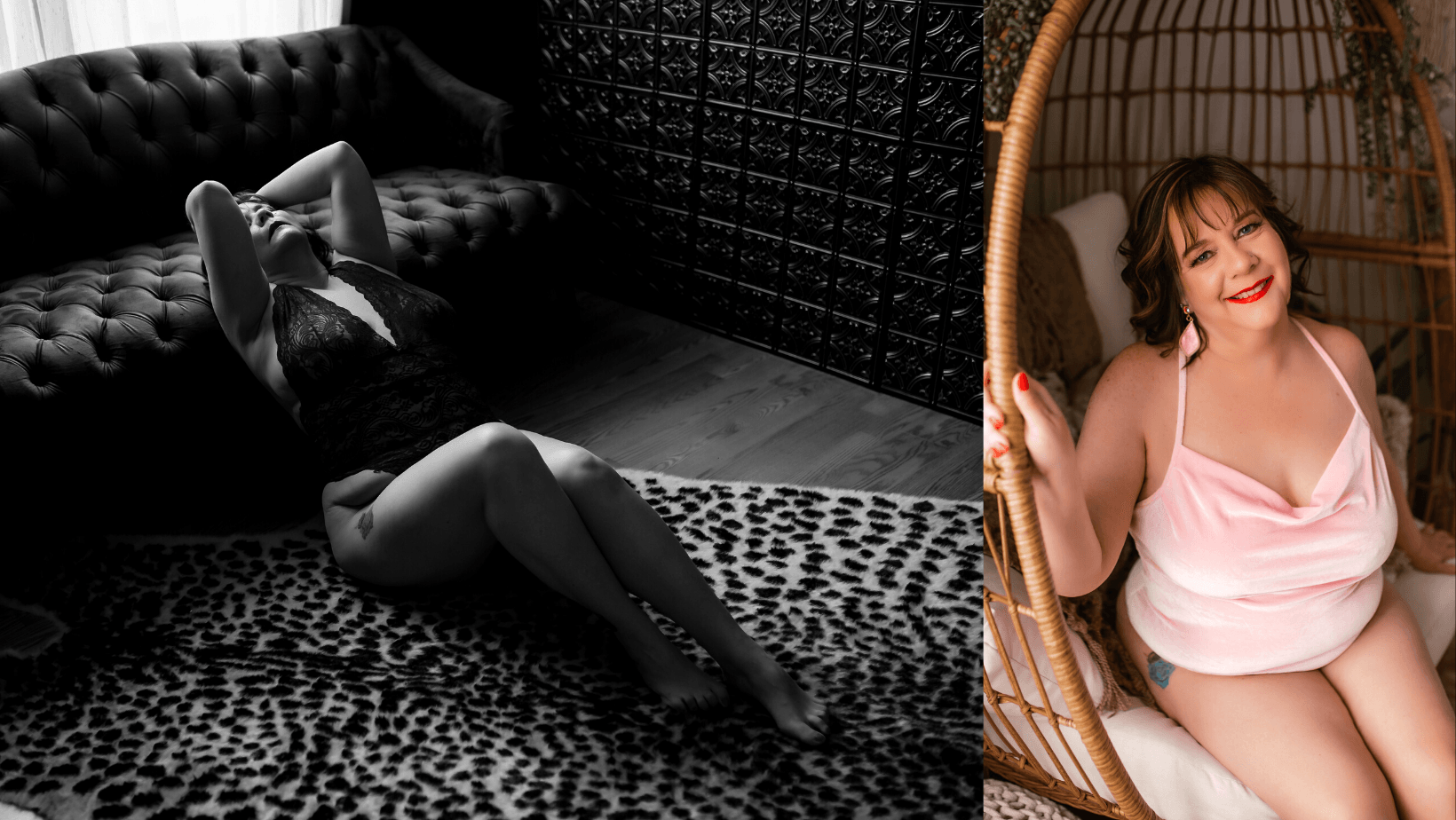 A woman is laying on a couch and sitting in a wicker chair.
