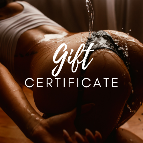 Gift certificate text over a warm-toned close-up of a body being showered with water