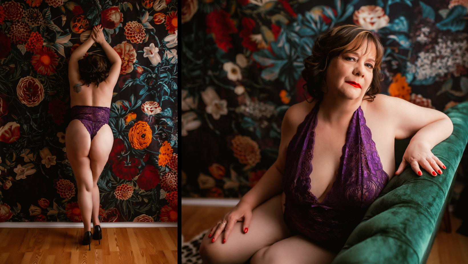 A woman in purple lingerie is sitting on a green couch.