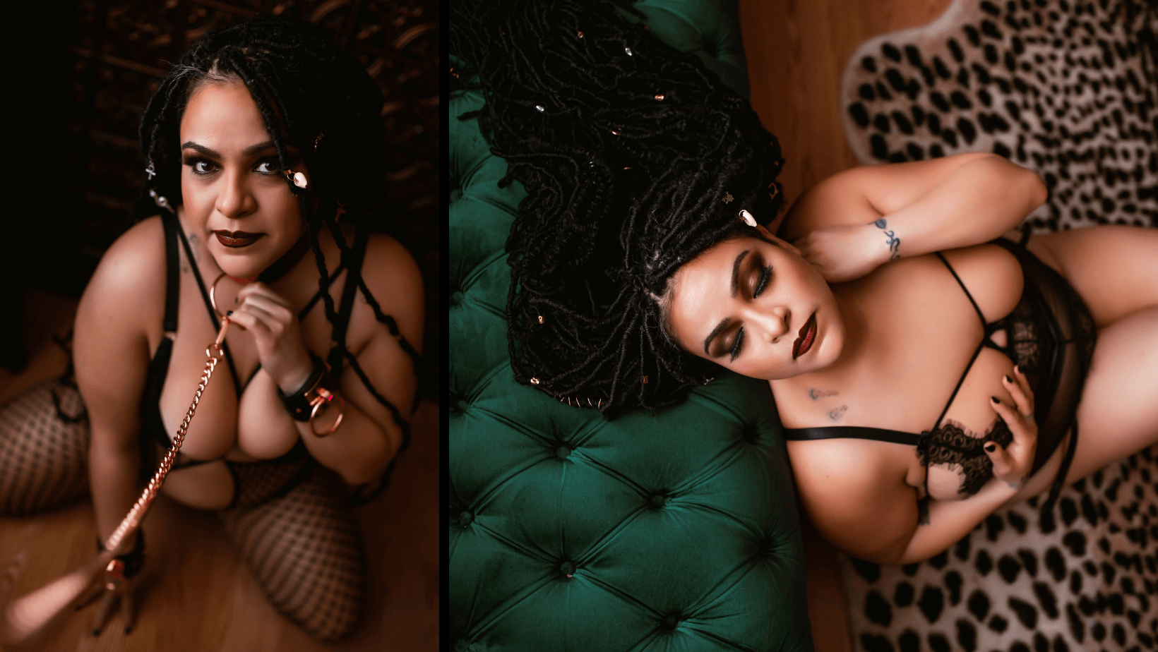 Woman posing on a green tufted chaise lounge, wearing black lingerie, with a leopard-print backdrop.