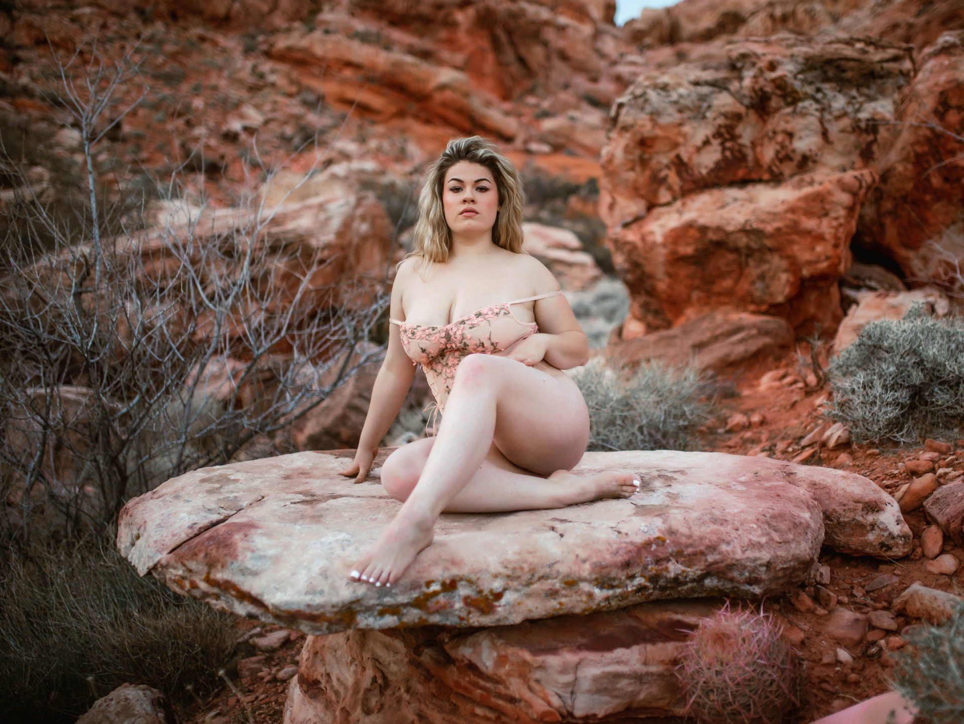 Person seated on a rock in a red canyon, wearing a pale dress, with bare branches and layered stone behind.