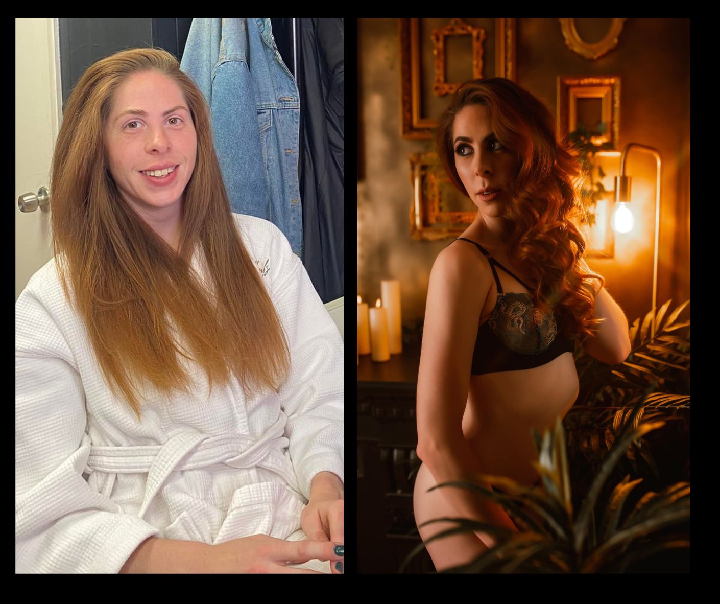 A before and after photo of a woman in a bathrobe and lingerie
