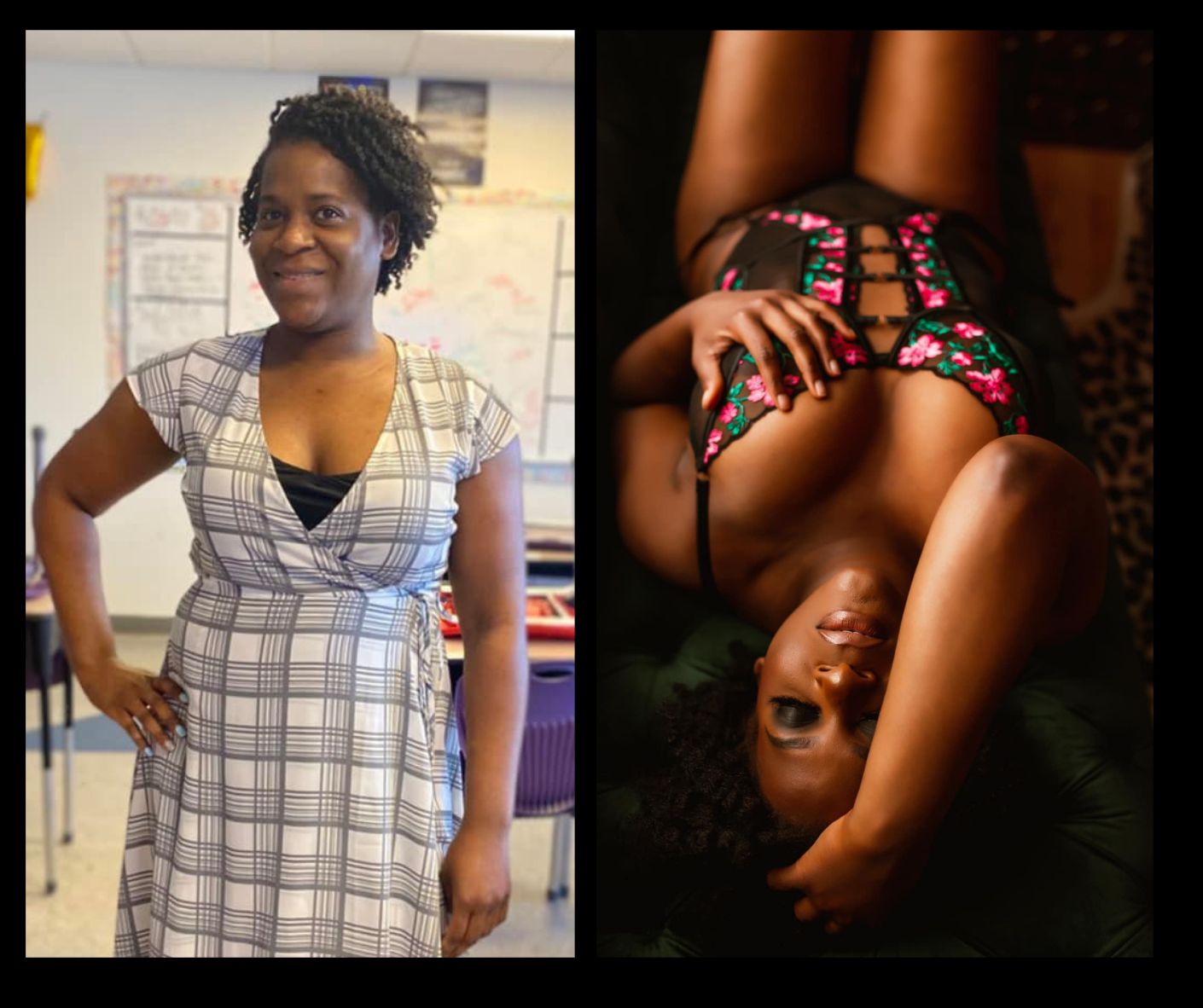 A before and after photo of a woman in a plaid dress