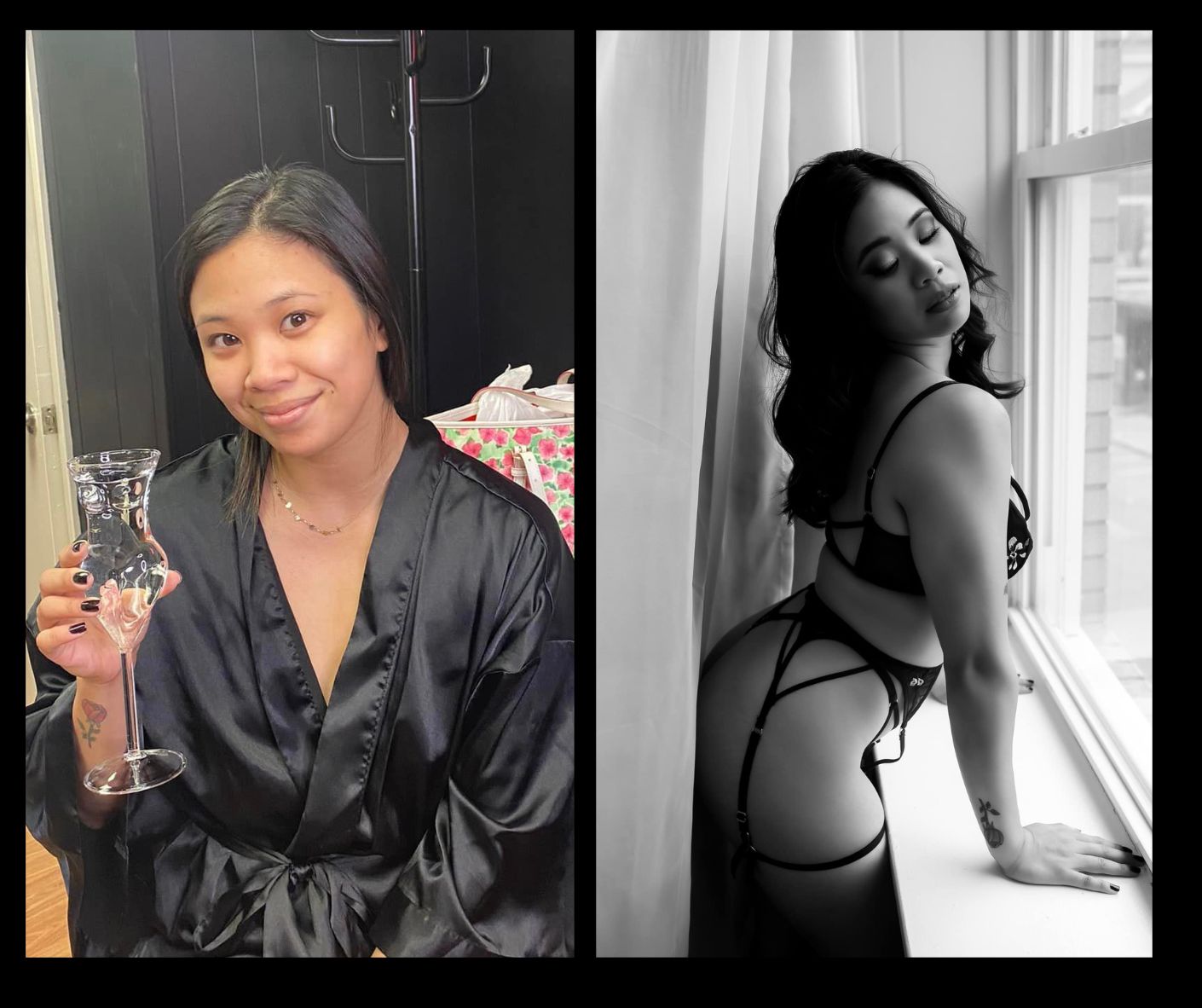 A woman in a robe is holding a glass of wine and a woman in lingerie is standing in front of a window.
