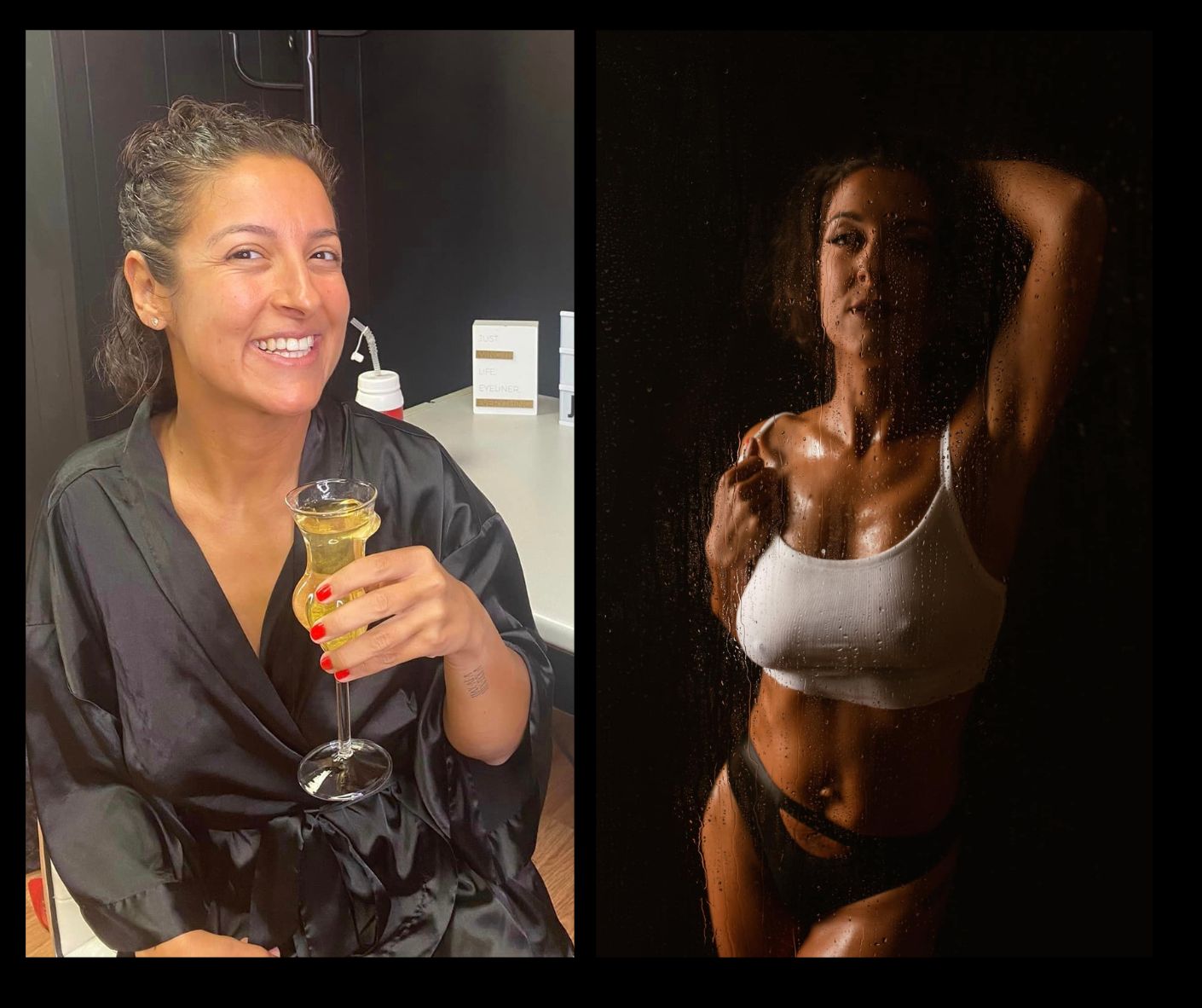 Two pictures of a woman holding a glass of wine