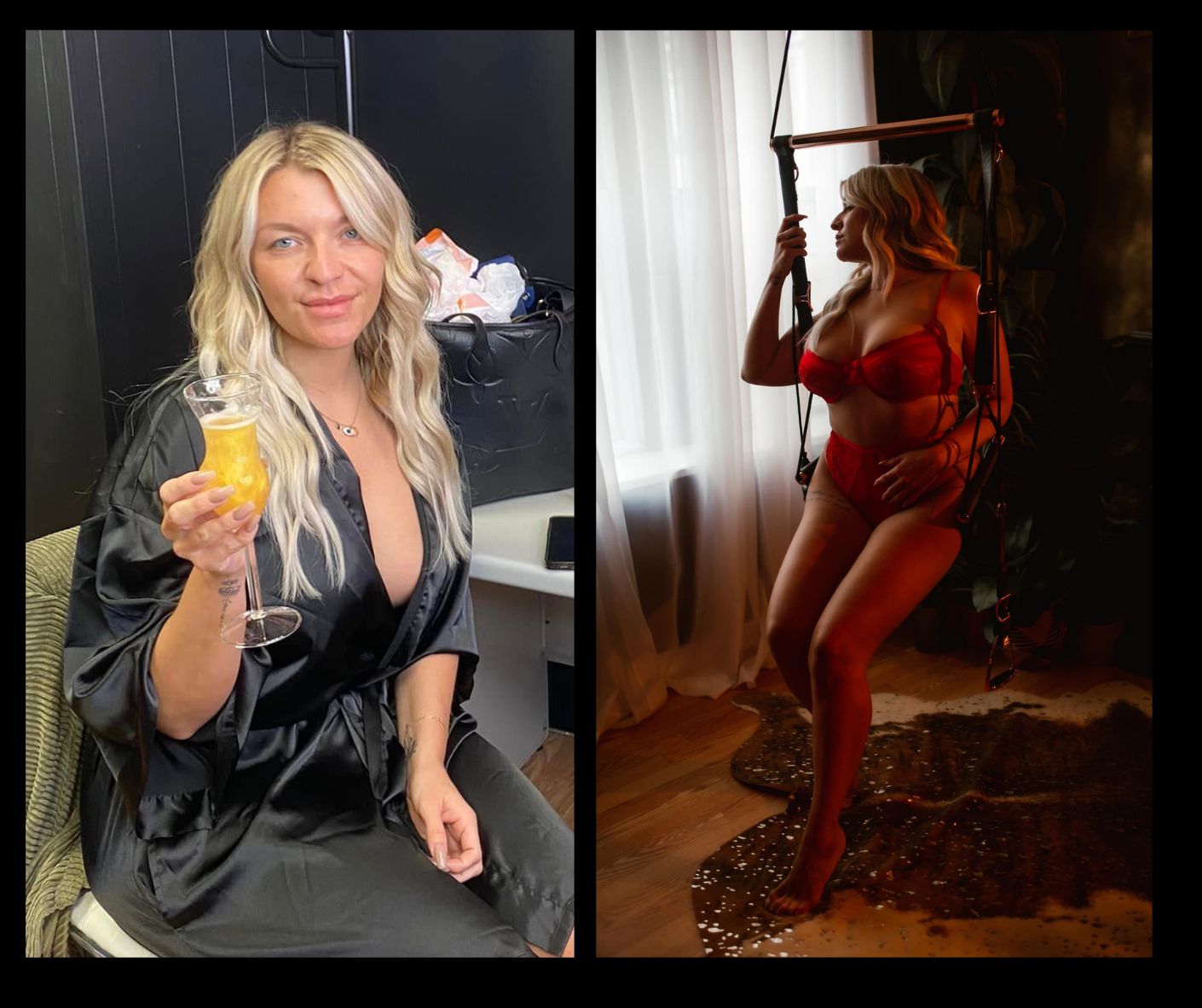 A woman in a robe is holding a glass of champagne and a woman in lingerie is standing next to a window.