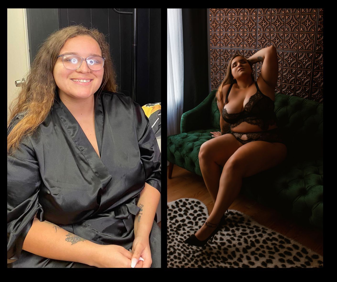 A before and after photo of a woman in lingerie.