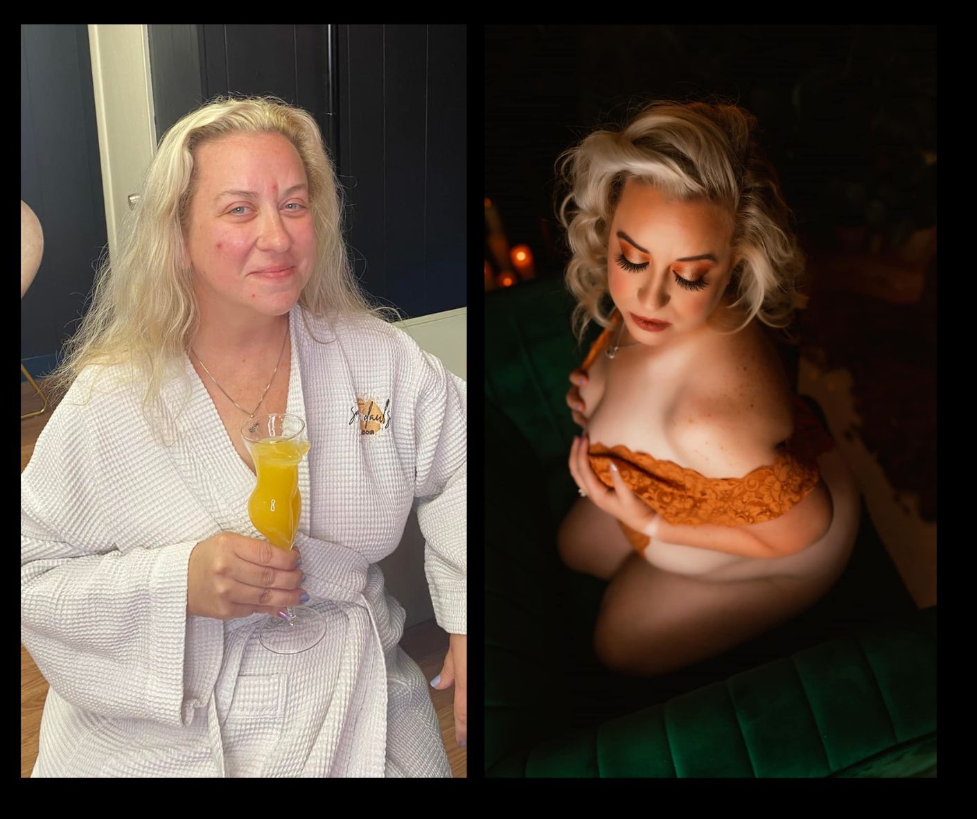 A woman in a robe is holding a glass of orange juice.