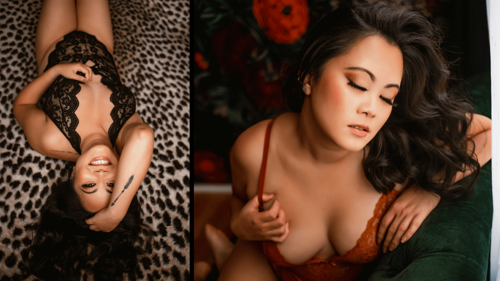A woman in lingerie is laying on a leopard print blanket.