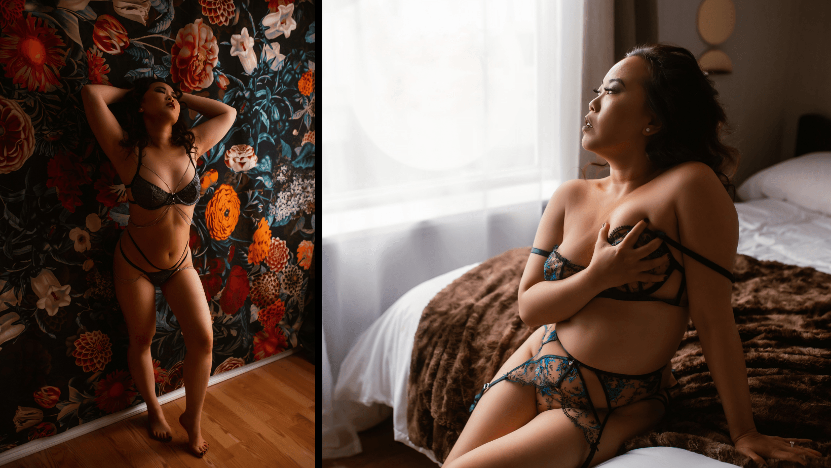 Woman in lingerie posing in a floral room, and reclining on a bed by a bright window.