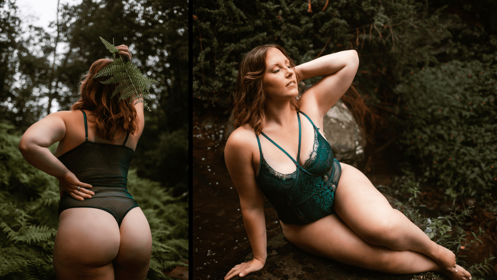 A woman in lingerie is sitting on a rock in the woods.