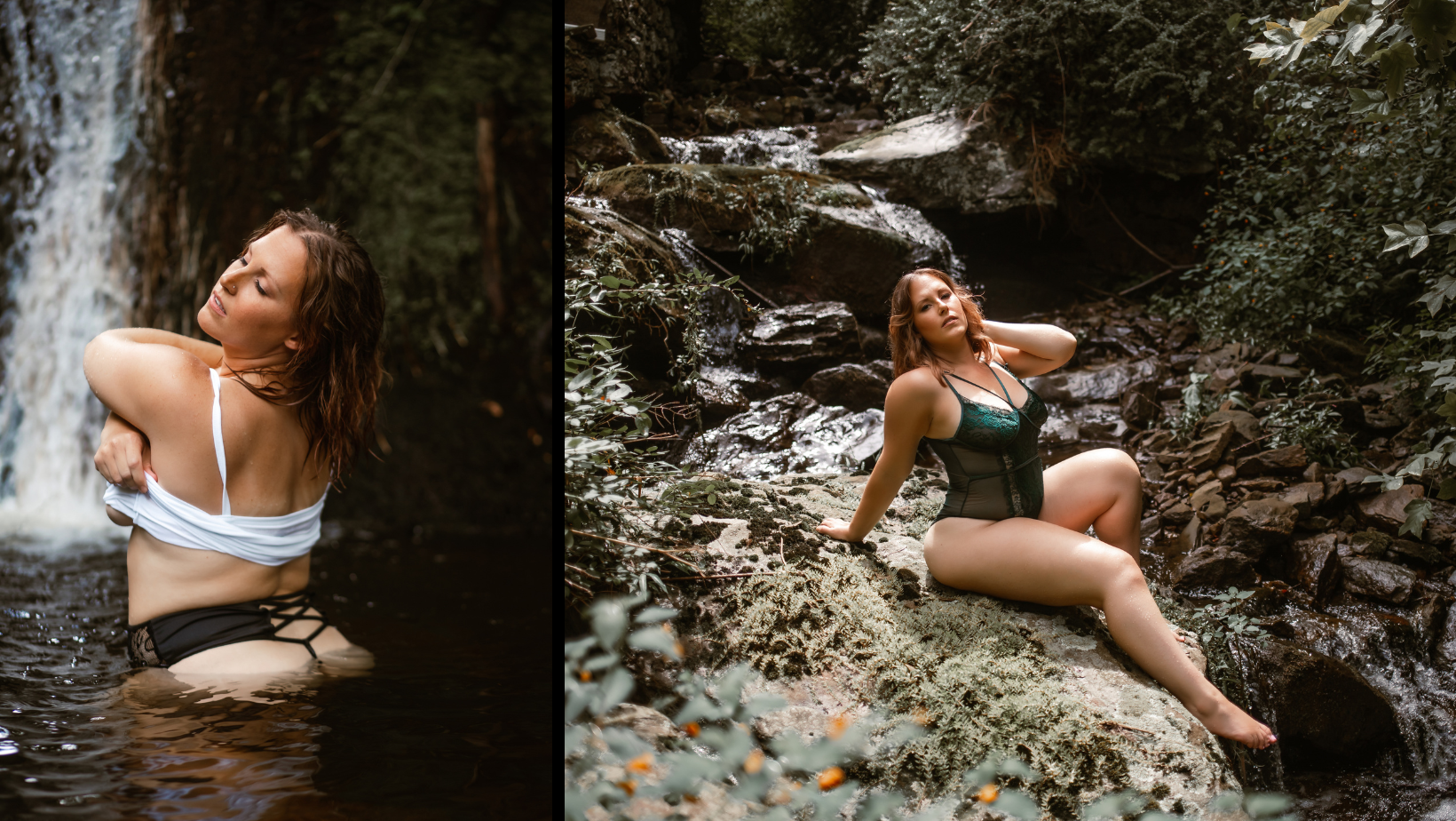 A woman is sitting on a rock in front of a waterfall.