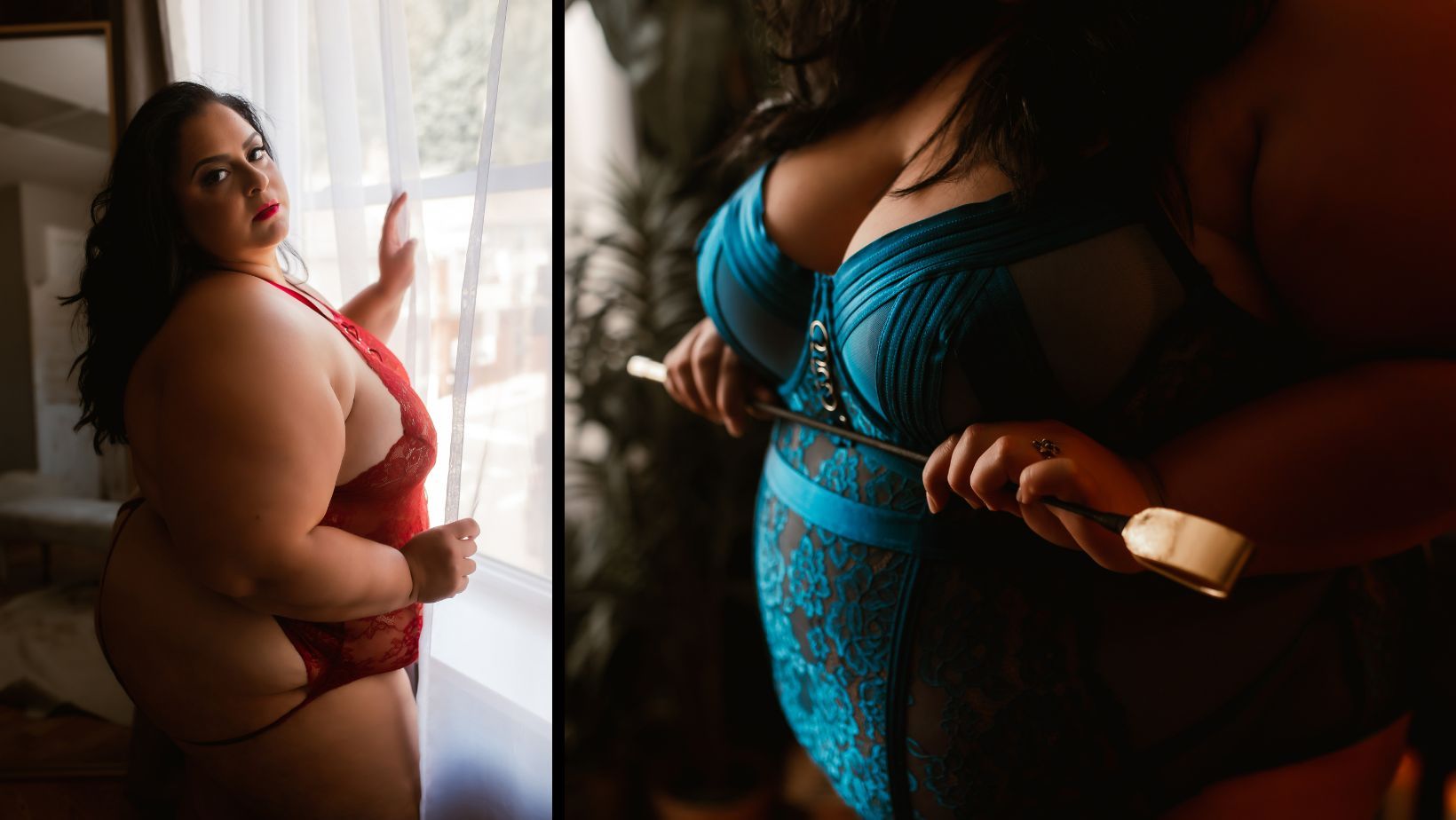 A woman in lingerie is standing in front of a window.