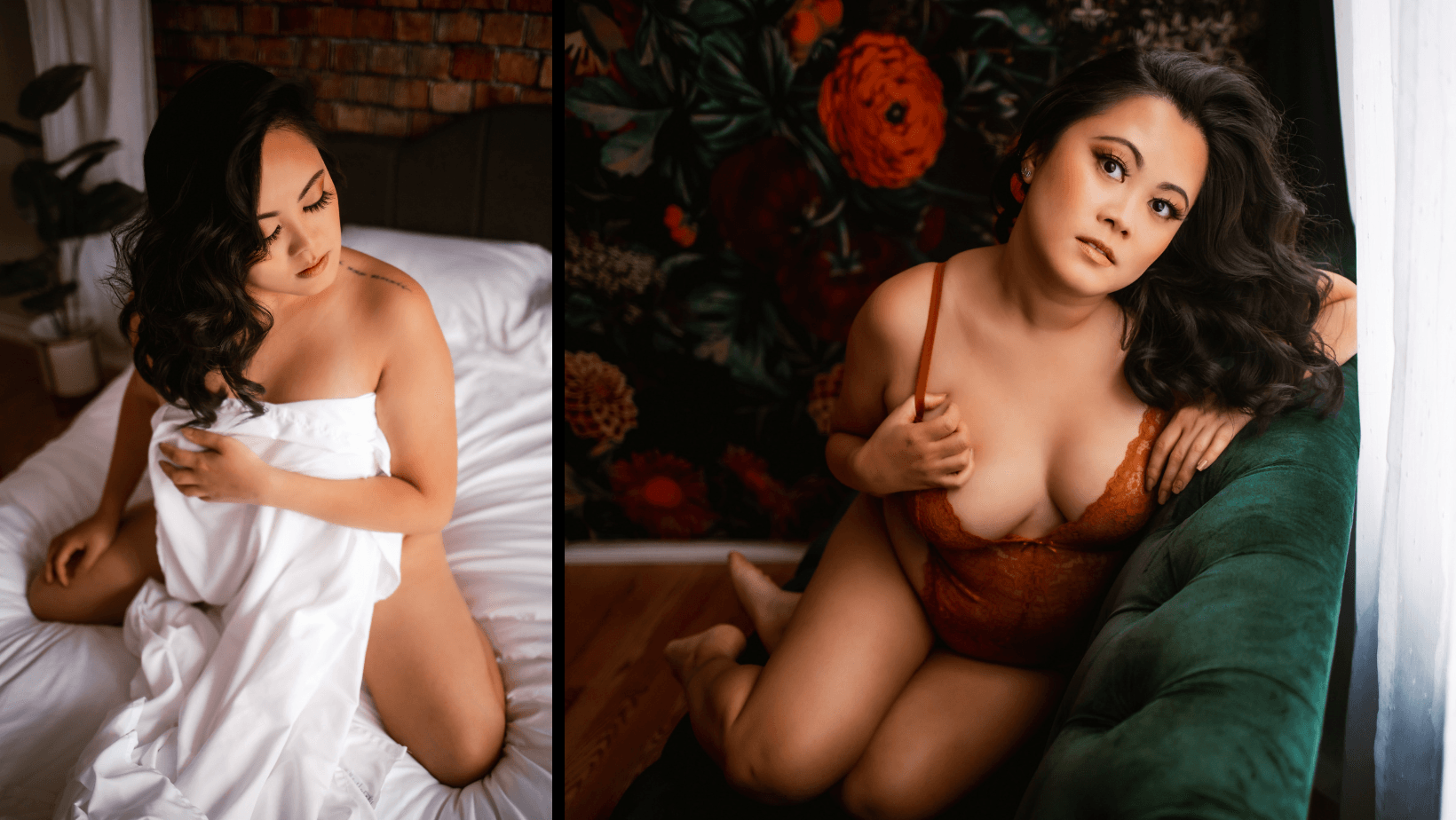 A woman in lingerie is laying on a bed and sitting on a green couch.