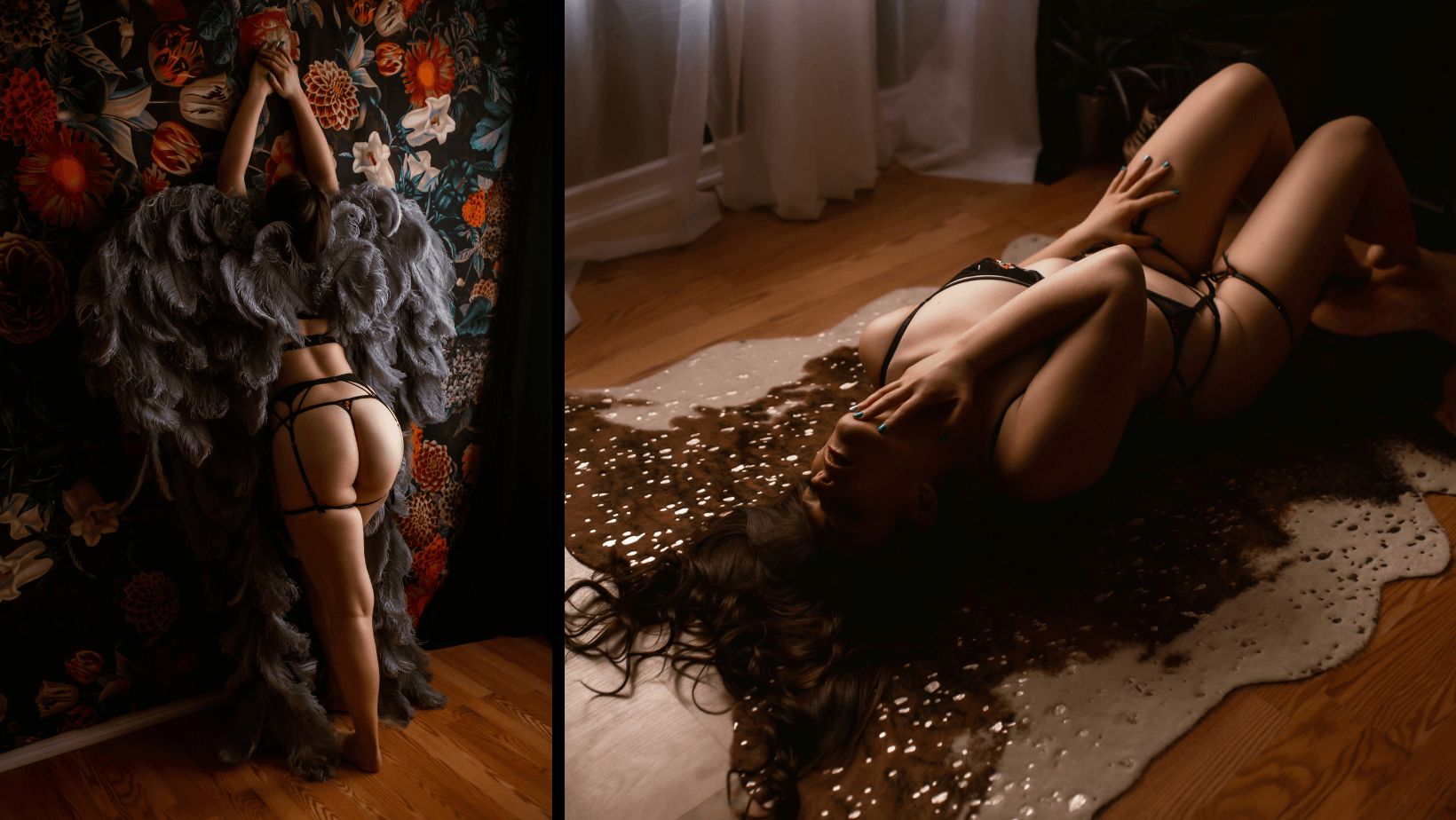 Woman in lingerie posing by a Christmas tree, then reclining on a rug in warm indoor light.