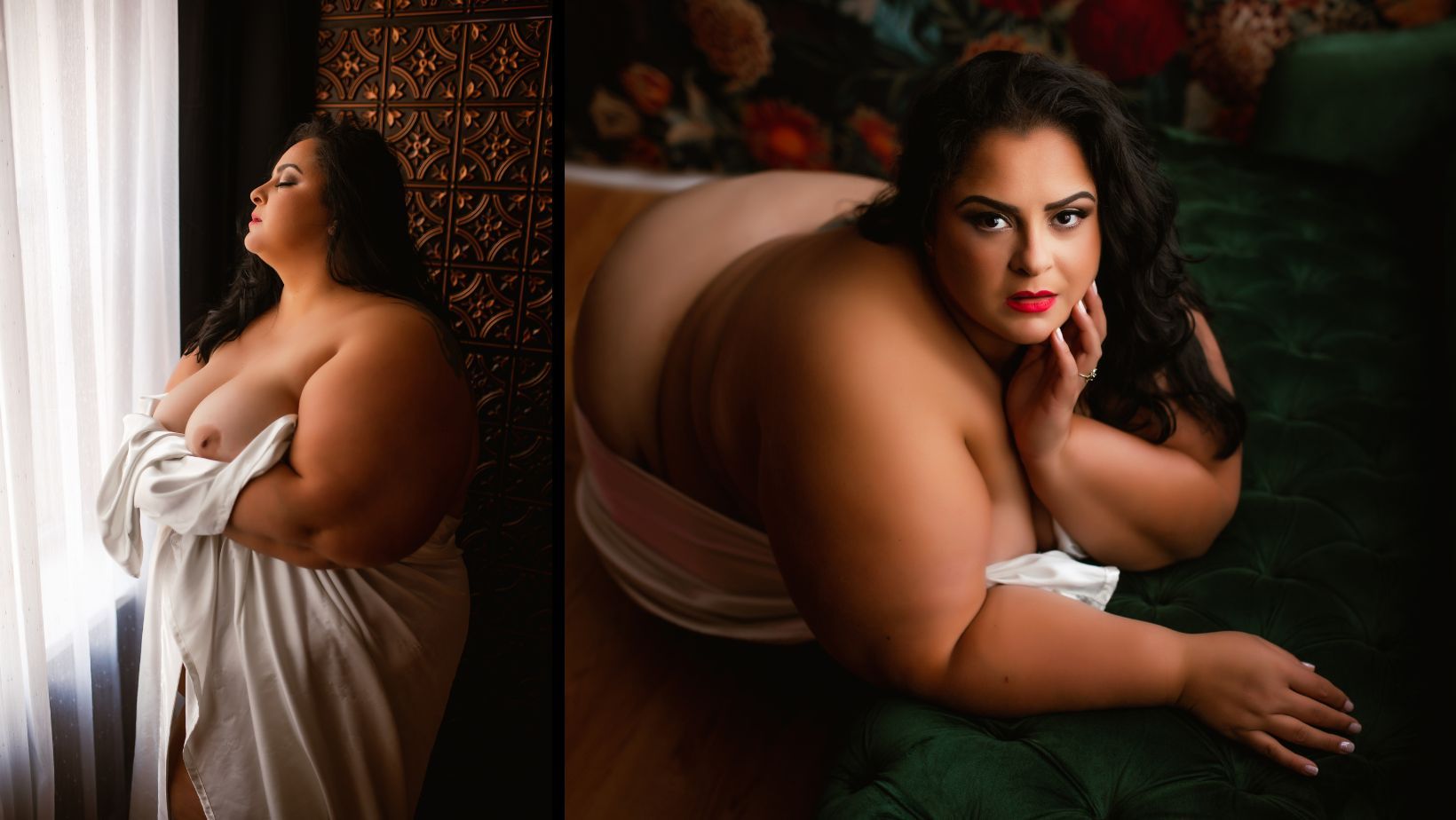 A plus size woman is wrapped in a white towel and laying on a green couch.
