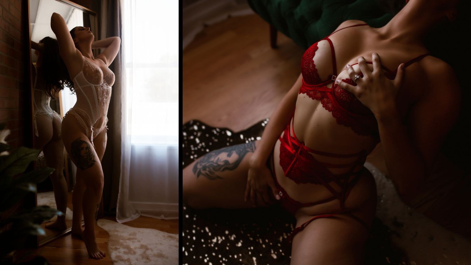 Two-panel photo of a woman in red lingerie posing by a window and reclining on a bed in low light