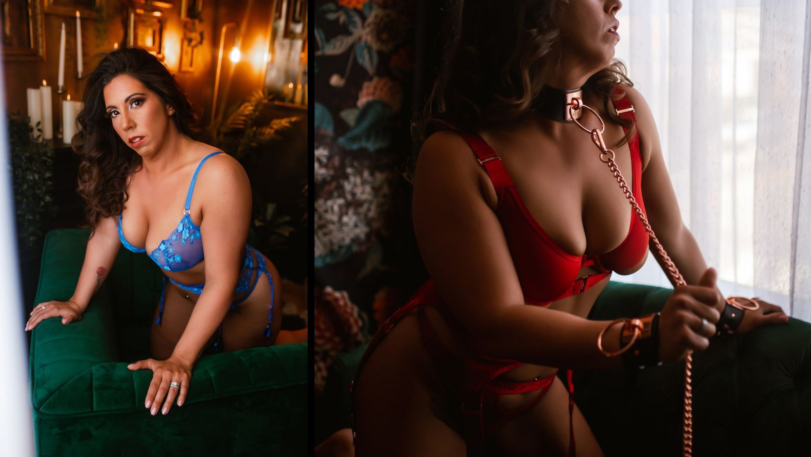 A woman in lingerie is sitting on a green couch and talking on a phone.