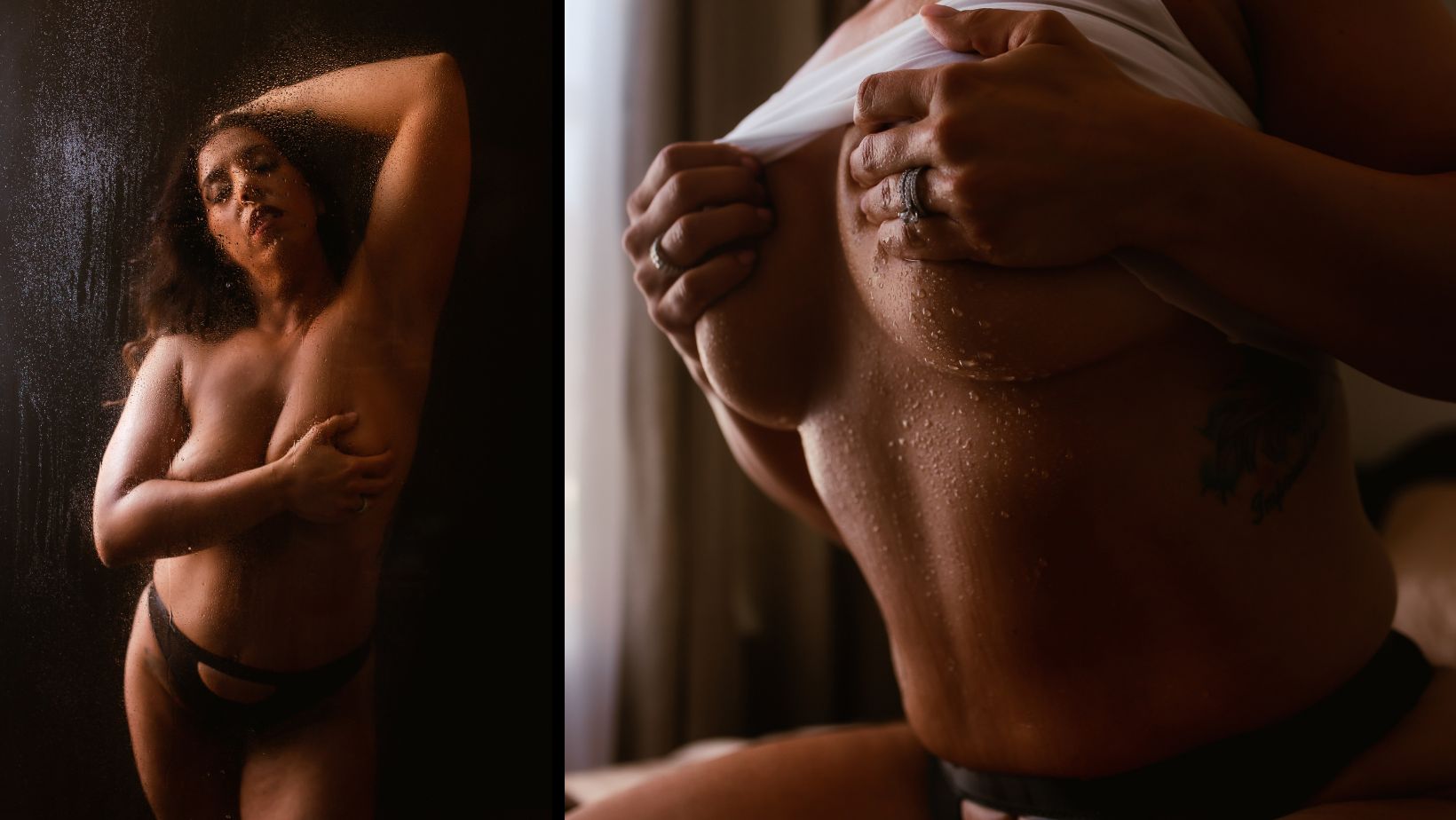 Two-panel nude studio portraits in warm light, one full-body and one close-up of torso and chest.