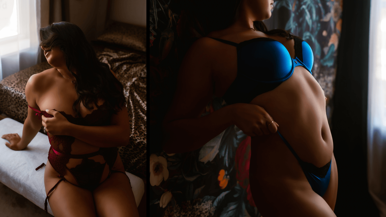 Woman in lingerie poses beside a window in a dimly lit bedroom.