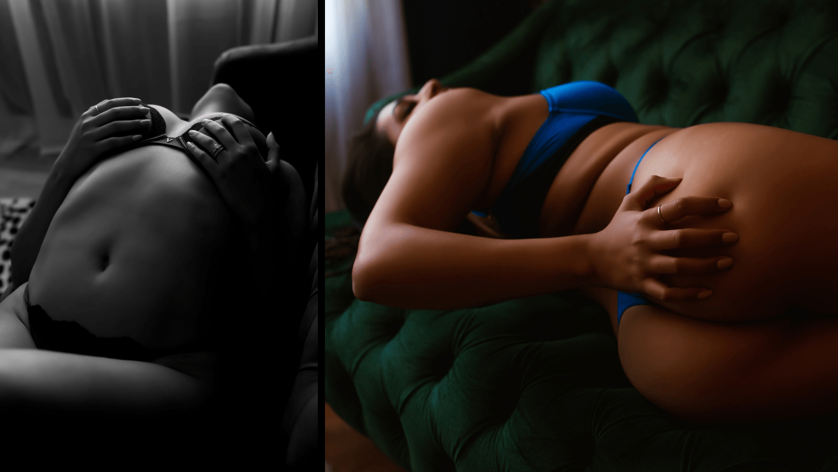 Two side-by-side photos of a reclining pregnant belly, one in black and white and one in color