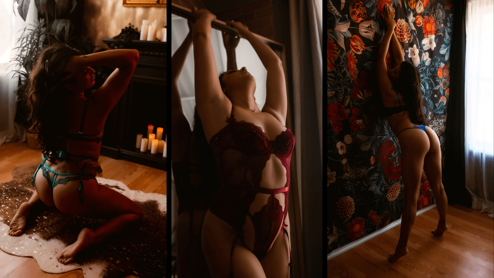 Three-panel fashion photo: model posing in red lingerie with lace stockings in a dimly lit room.