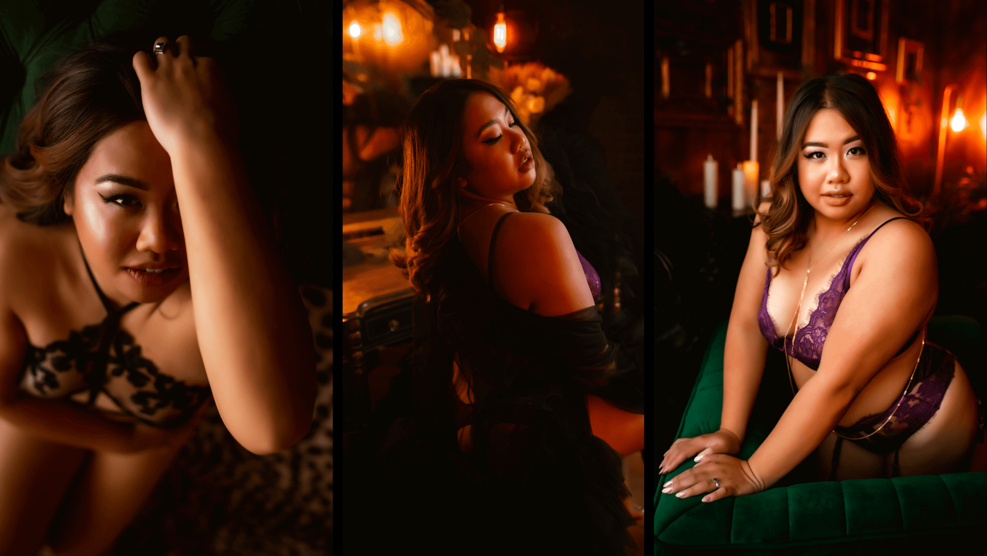A woman in lingerie is sitting on a green couch in a dark room.
