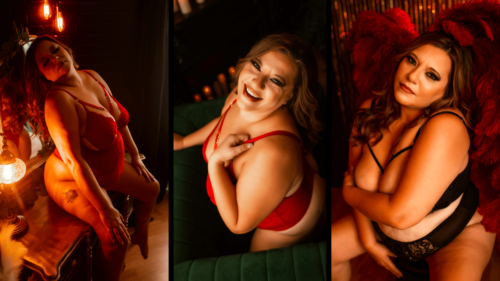 A collage of three pictures of a woman in lingerie.