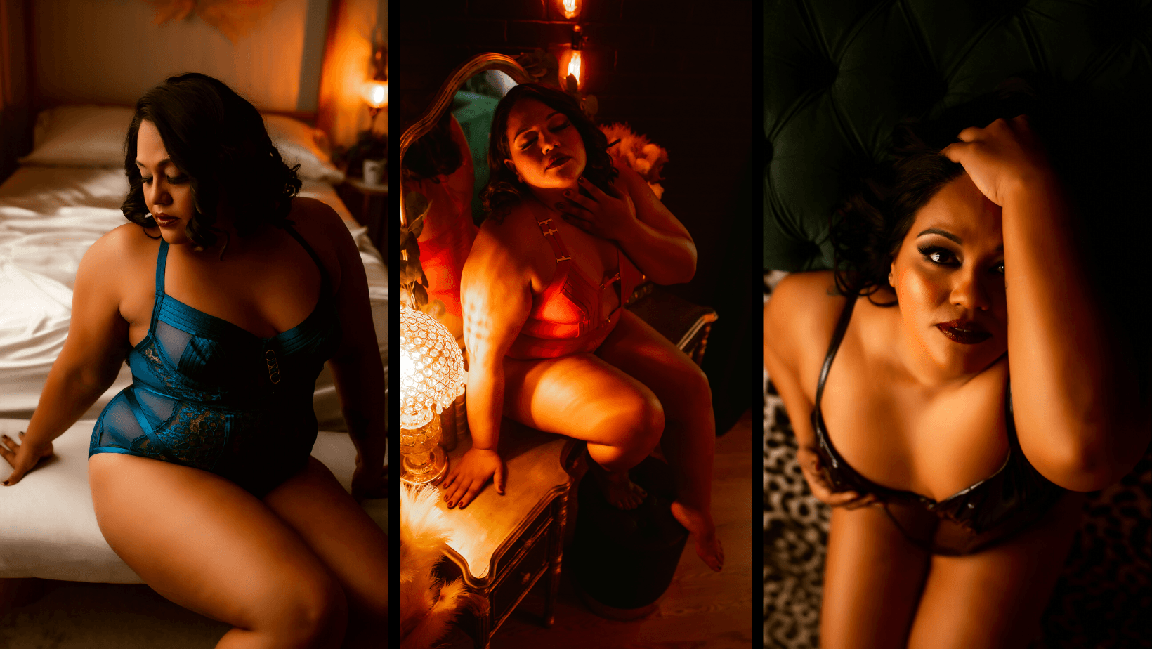 A woman in lingerie is sitting on a bed.