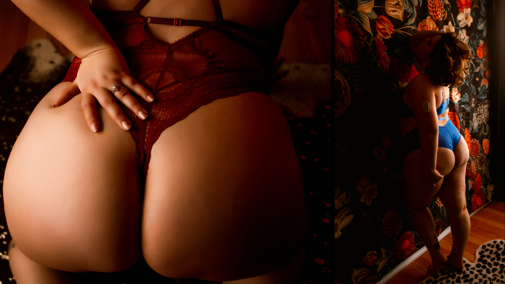 Person in red lingerie posing indoors with hand on hip; others in colorful clothing stand in the background