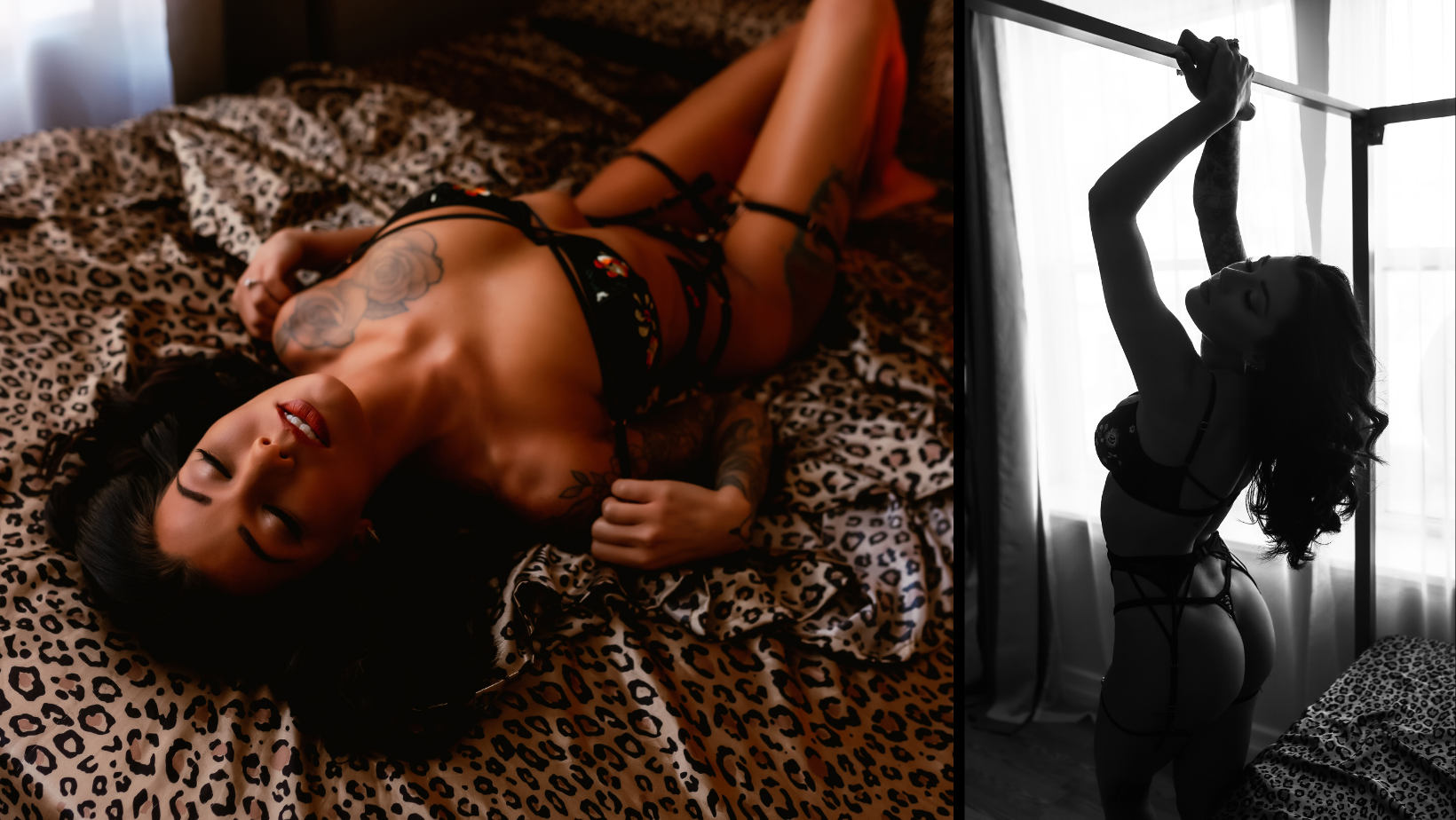 Woman posing on leopard-print bed in black lingerie, with a mirrored silhouette scene beside her.