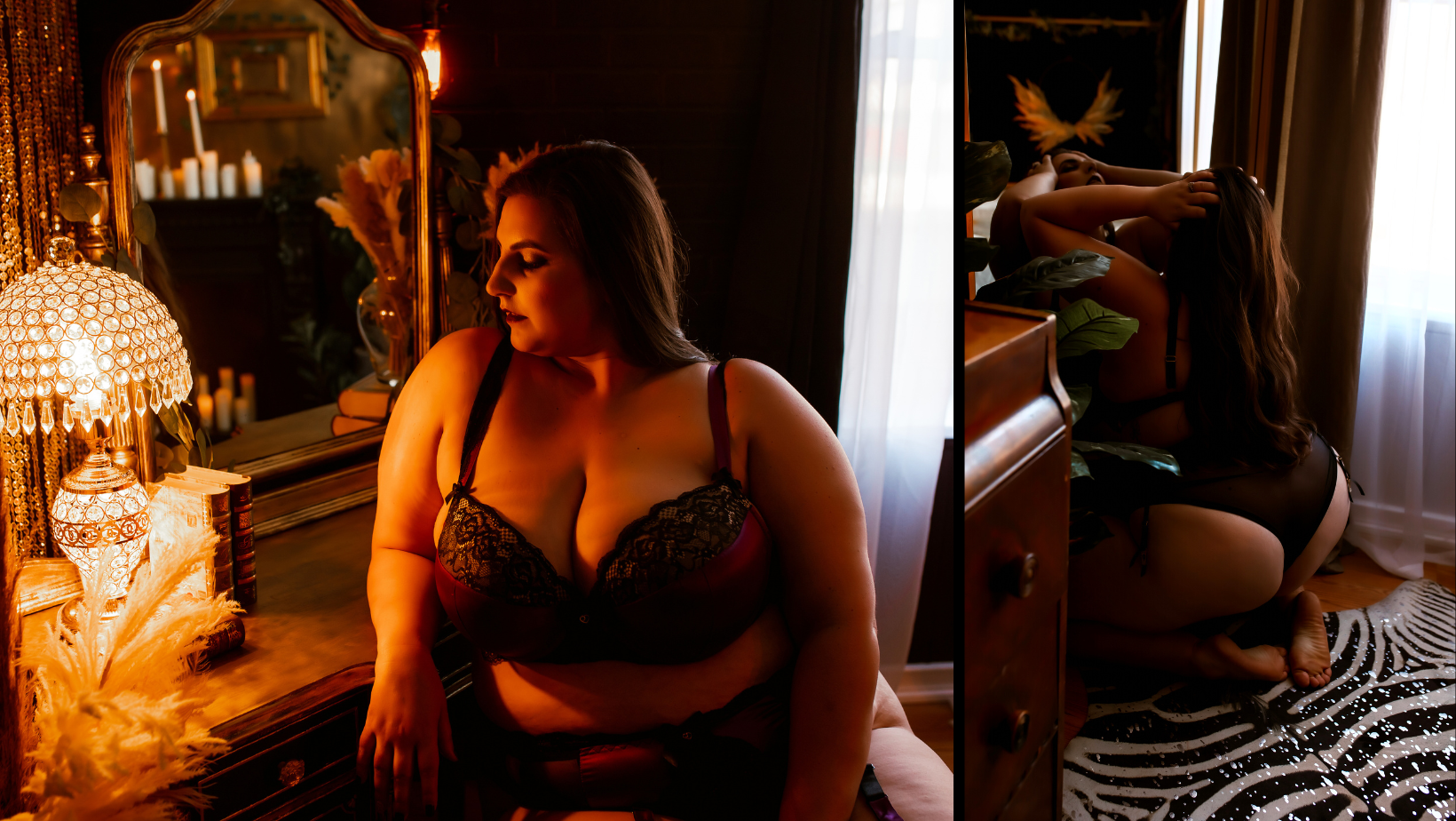 A woman in lingerie is sitting in front of a mirror in a room.