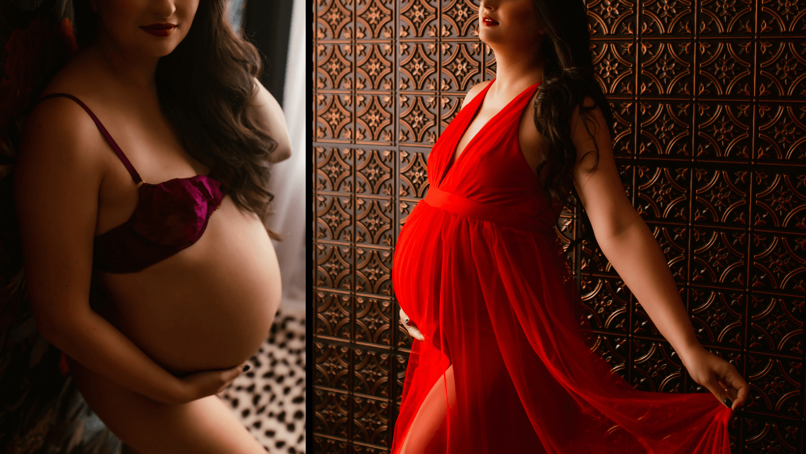 Two pregnant women in red dresses are standing next to each other.