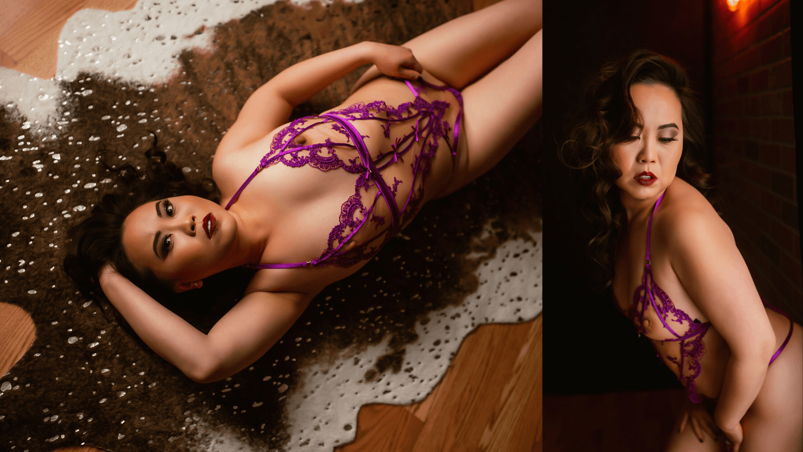 A woman in purple lingerie is laying on a cowhide rug.