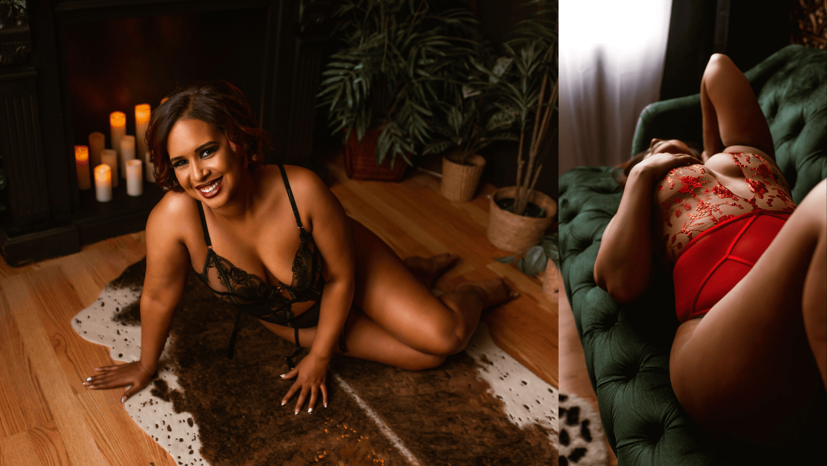 Woman posing on a leopard-print rug in a dim room, with candles, plants, and a second sensual pose nearby.