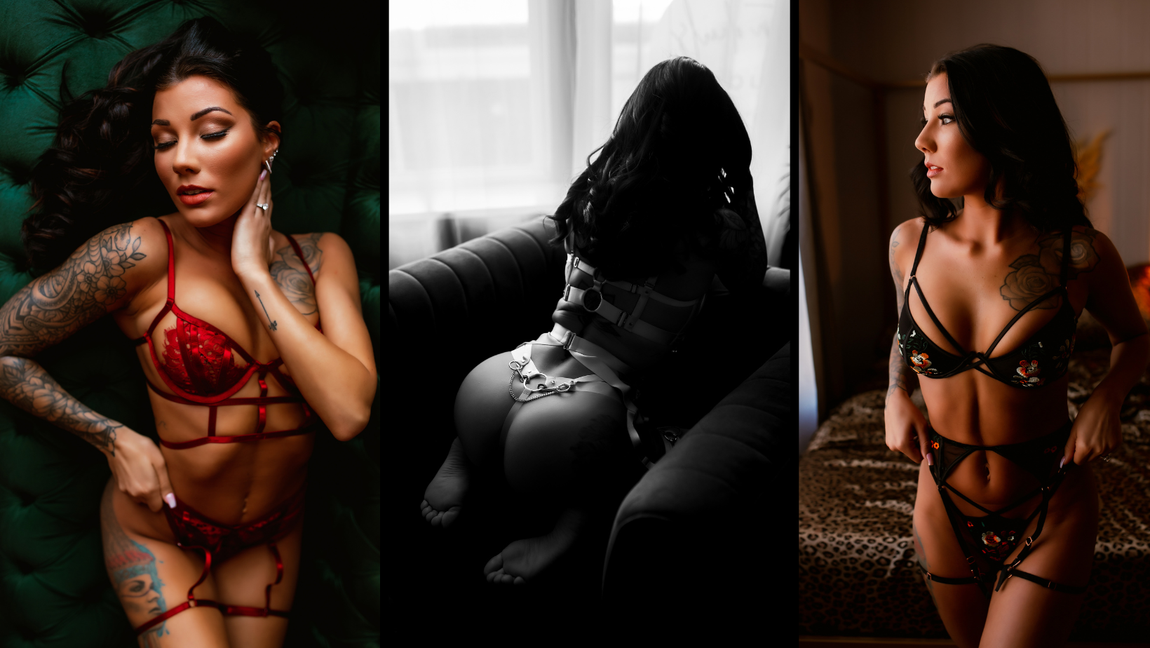 A collage of three pictures of a woman in lingerie.