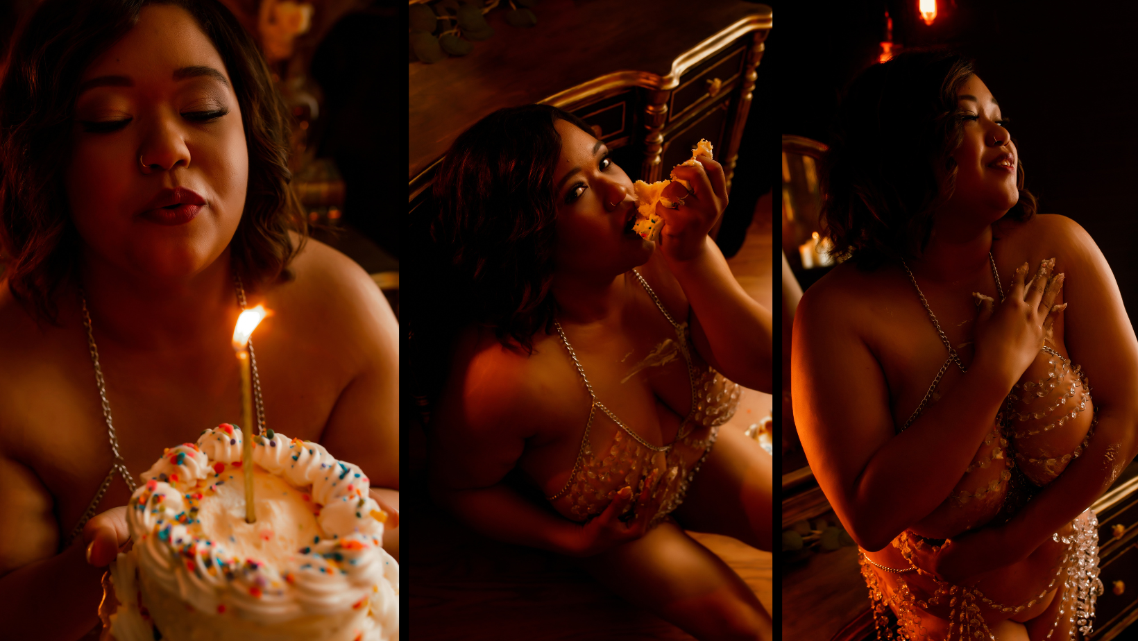 Three warm-toned portraits of a person with a birthday cake and candle, posing in dim light.