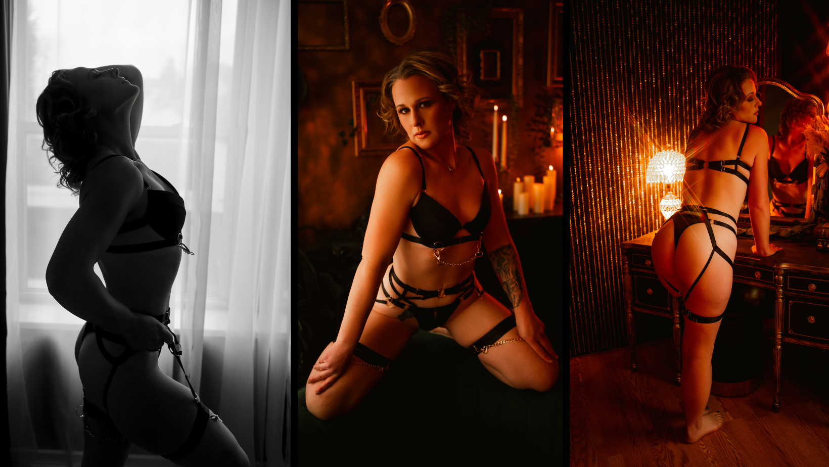 Three-panel fashion pose collage: hooded silhouette by a window, then two lingerie poses in warm orange light