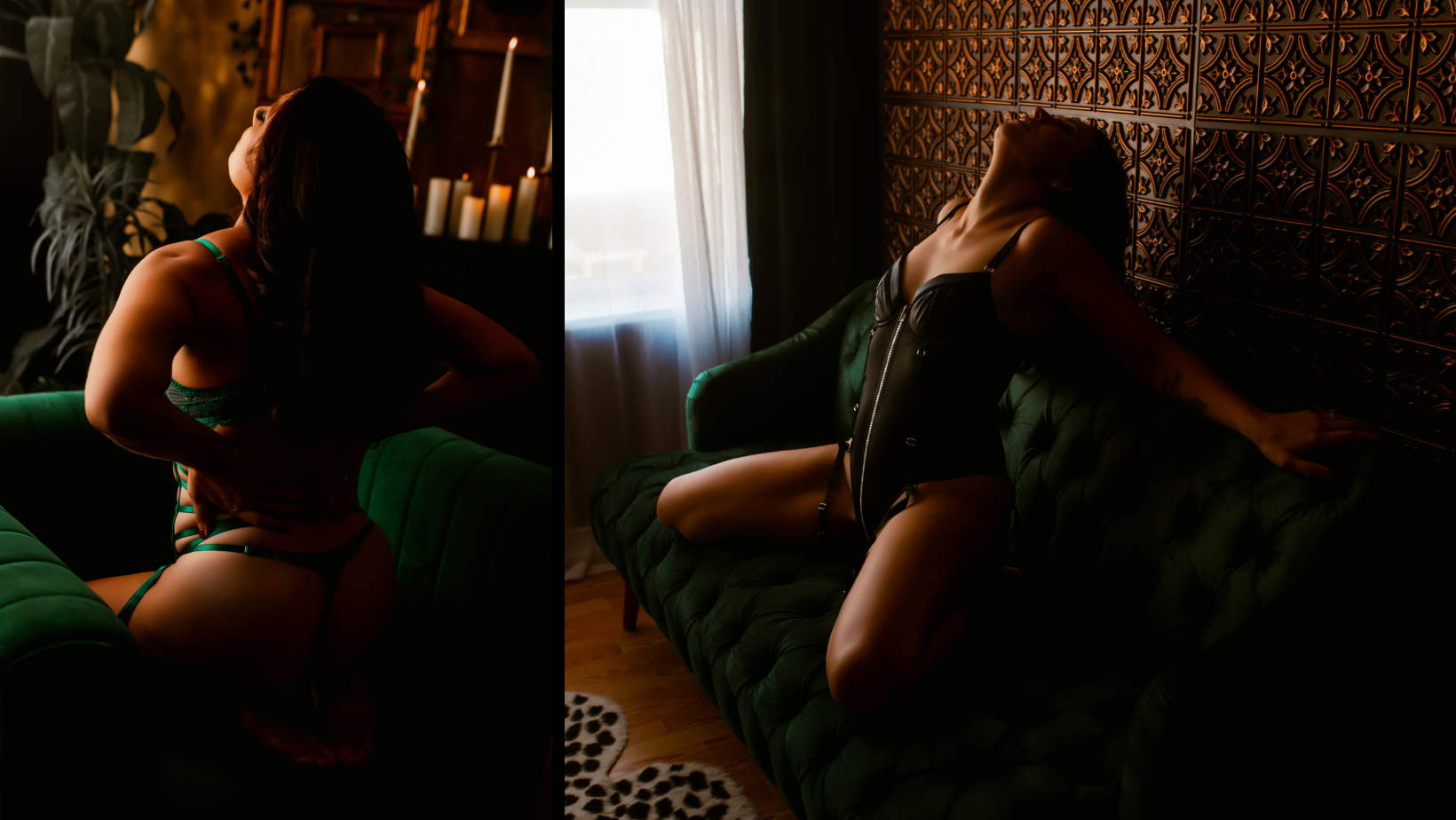 Dimly lit room with a person reclining on a green couch near a sunlit window and shelf of bottles.