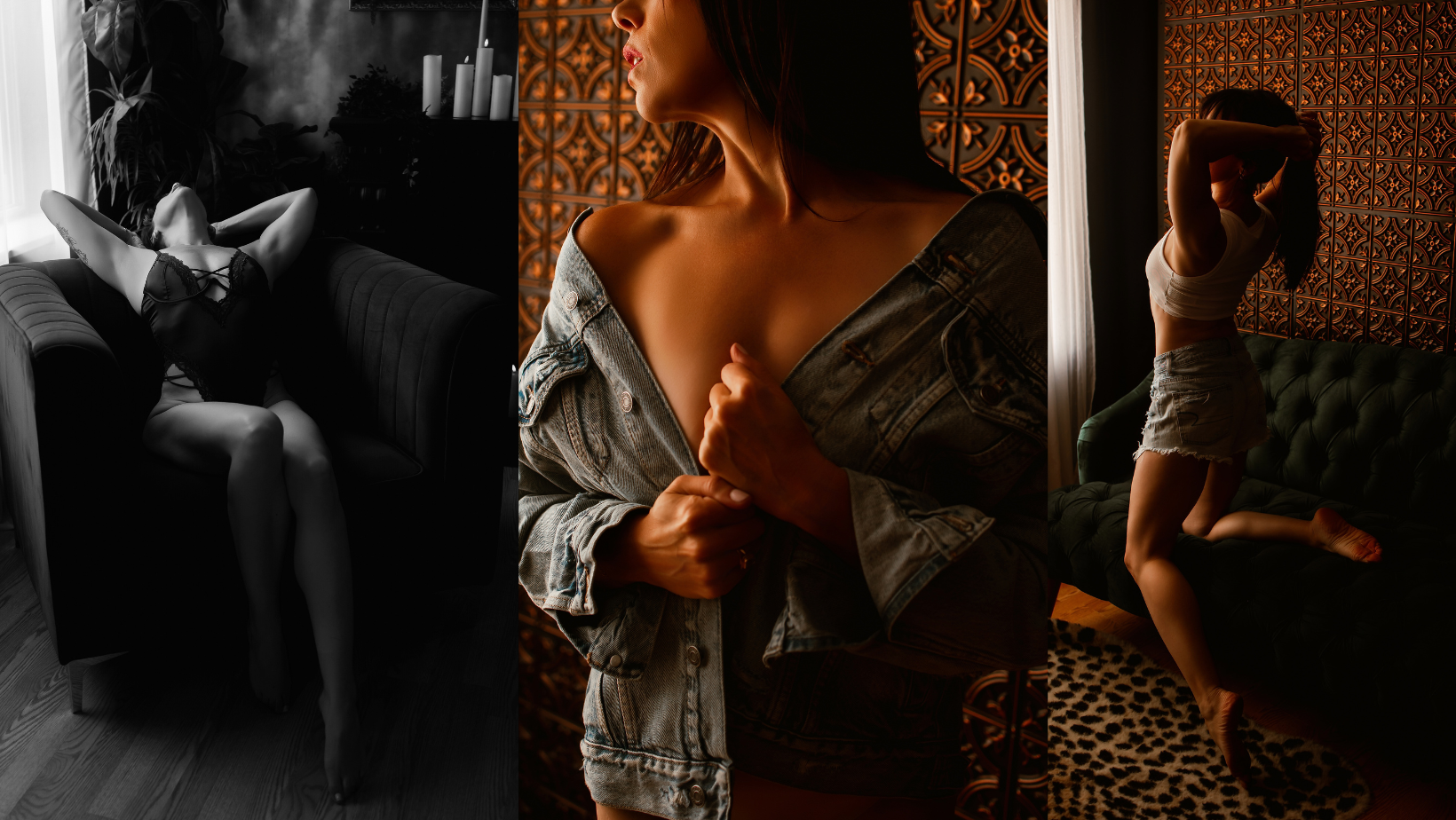 Three-panel moody portrait of a person in black and gray poses against dark and patterned backgrounds