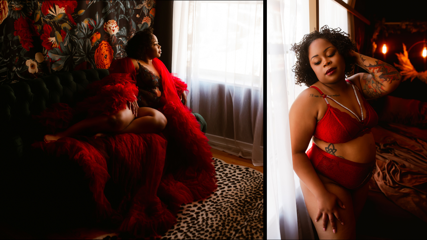 A woman in a red dress and red bra is sitting on a couch.