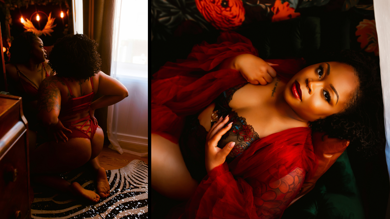 A woman in lingerie is laying on a bed in front of a window.