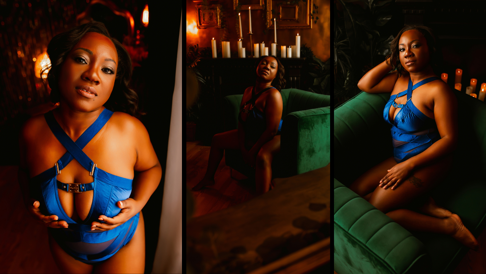 A woman in blue lingerie is sitting on a green couch.
